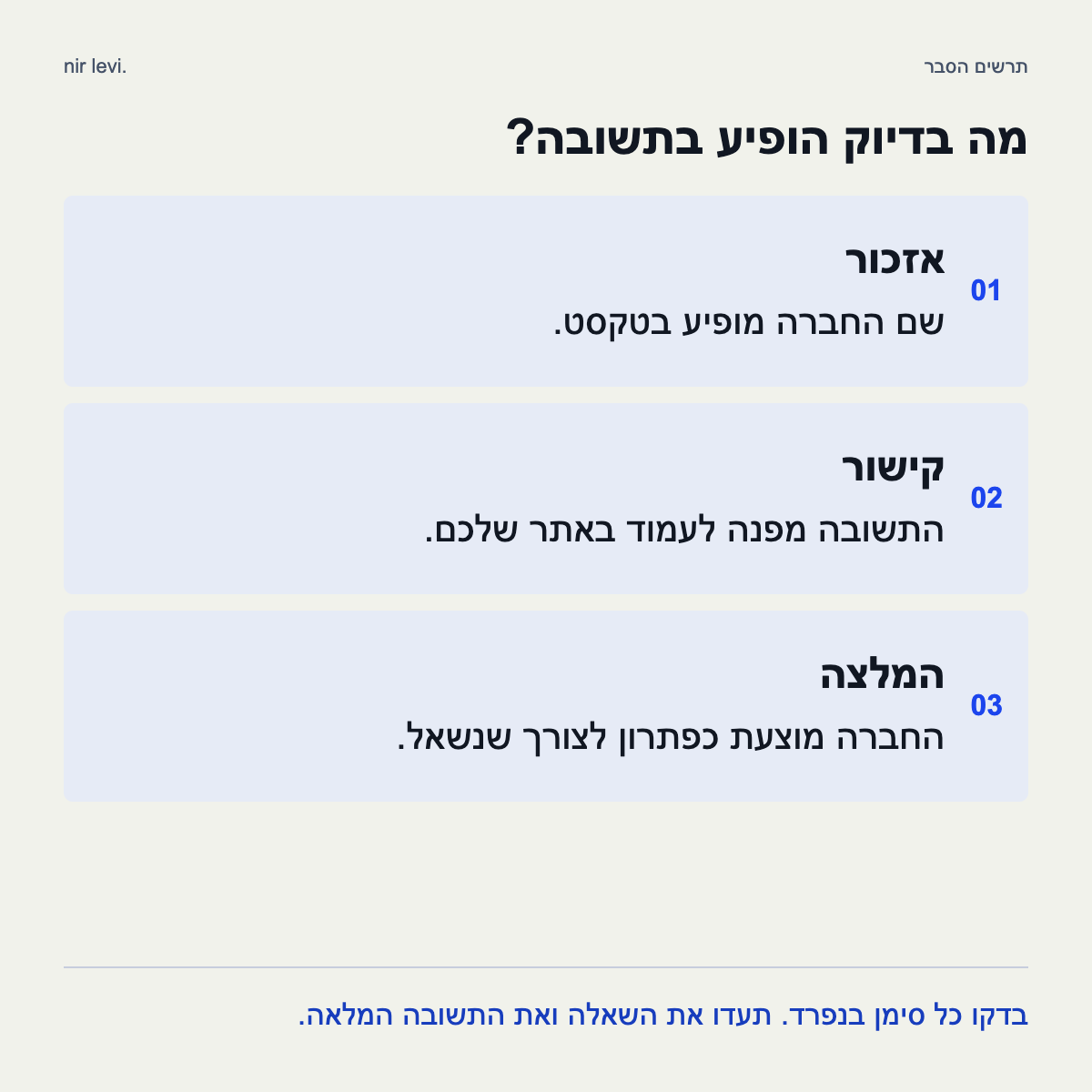 שלושה סימנים נפרדים בתשובת AI: אזכור של החברה, קישור לאתר והמלצה לפי הצורך.